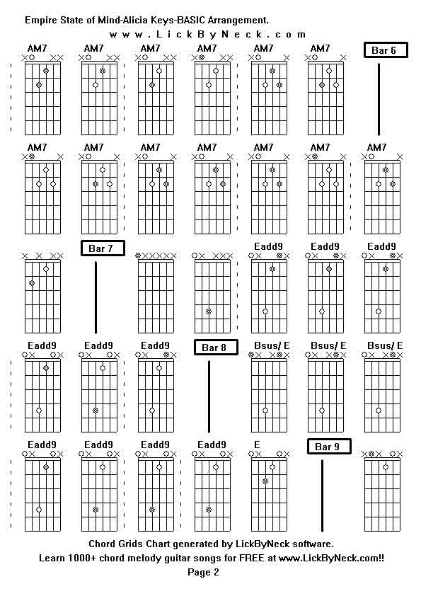 Chord Grids Chart of chord melody fingerstyle guitar song-Empire State of Mind-Alicia Keys-BASIC Arrangement,generated by LickByNeck software.